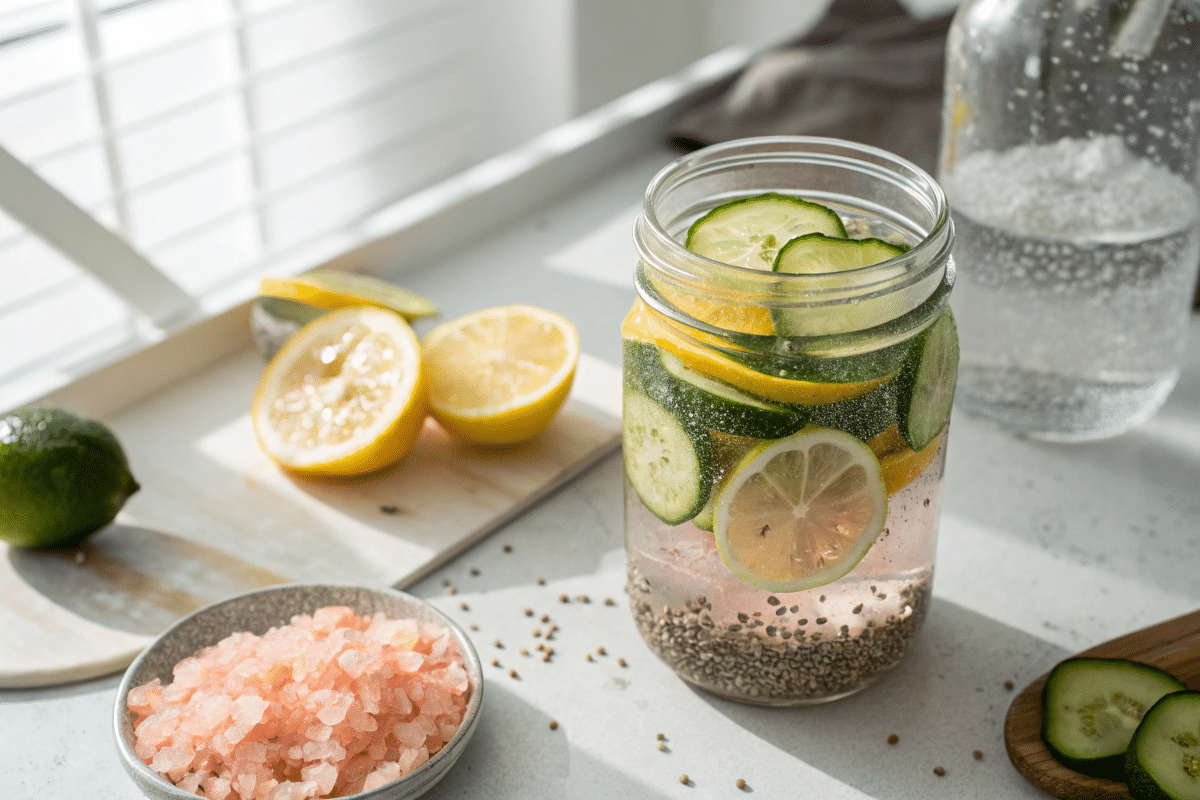 Detox drinks with chia seeds, lemon, and water