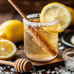 Pink salt trick recipe detox drink with lemon, honey, and pink Himalayan salt in a glass jar )