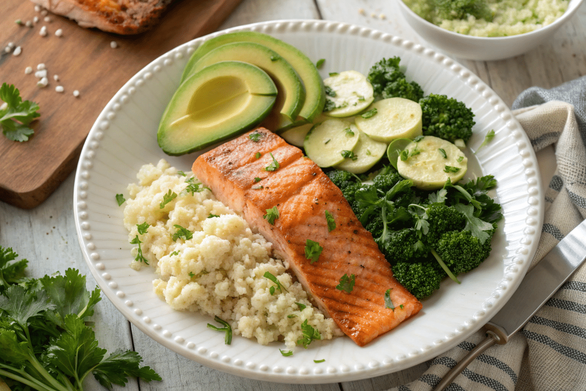 Low carb meals with salmon, avocado, and greens